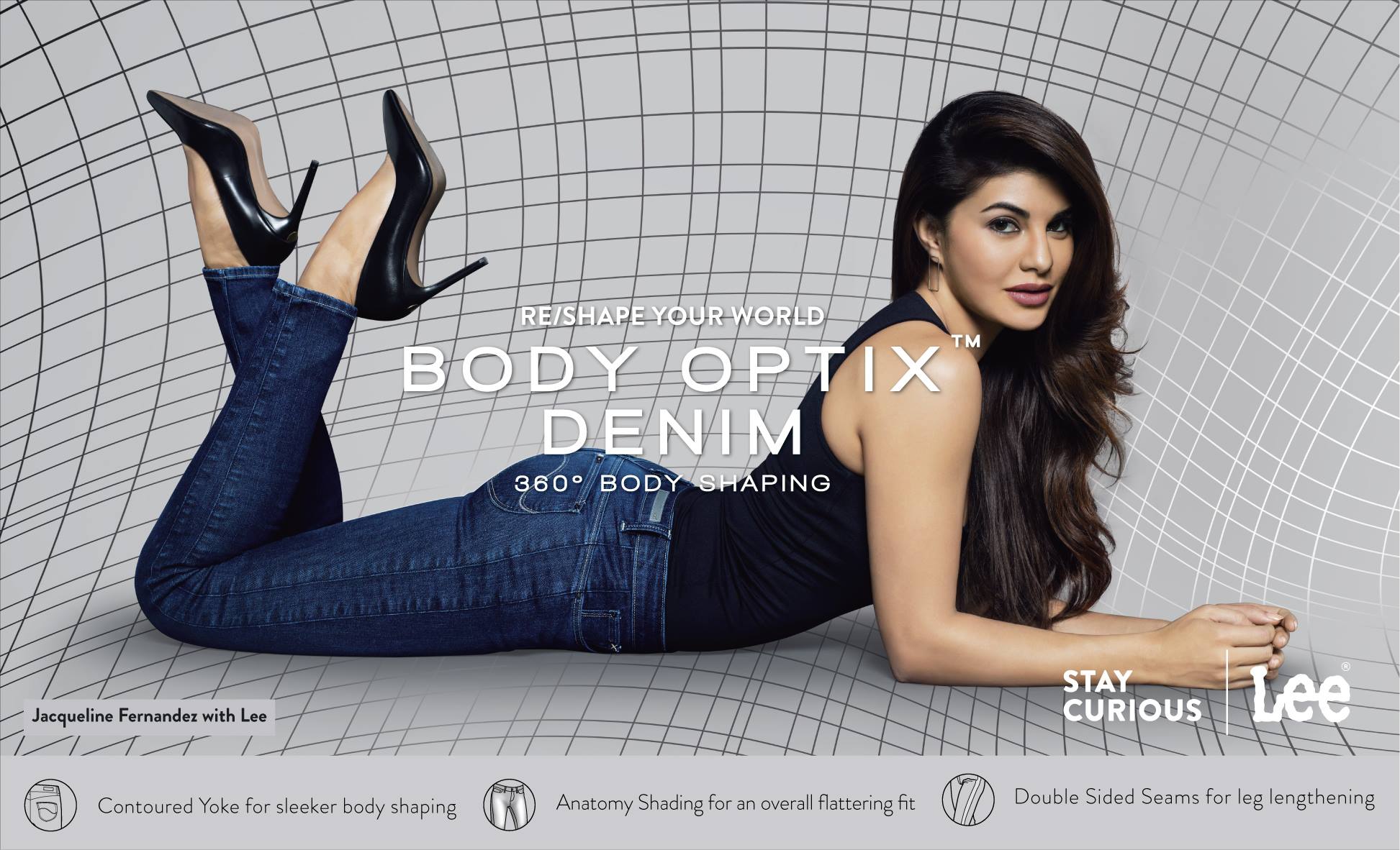 Body Optix campaign for Lee India featuring Jacqueline Fernandez. Alt Lee India ad campaign featuring Jacqueline Fernandez